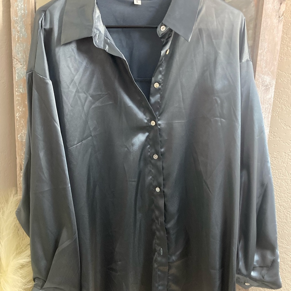 Chic BlueSatin Button-Up Shirt